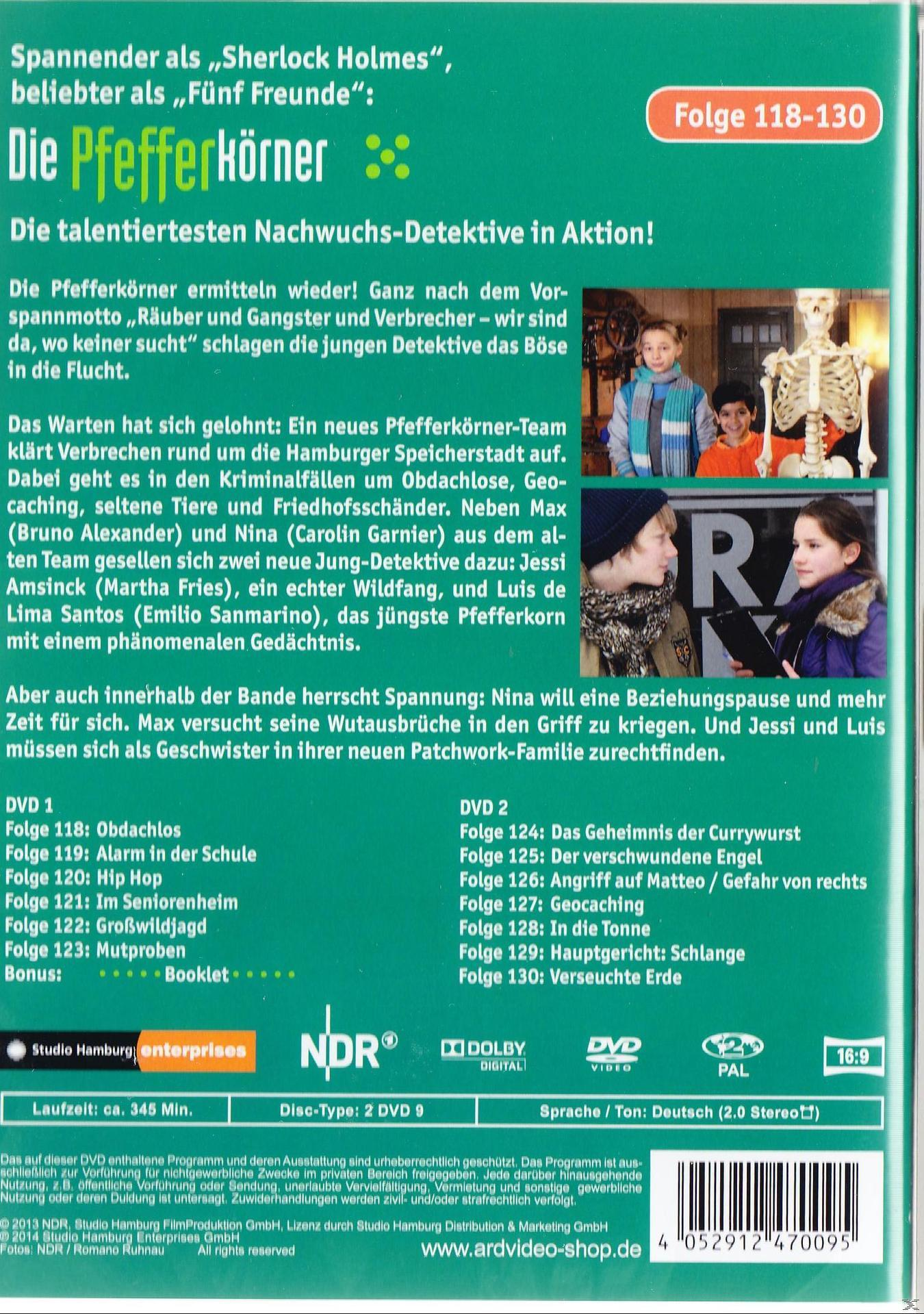 DVD-Cover für die Serie 'Die Pfefferkörner'. Mit Kindern, Text und einer Skelett-Illustration.