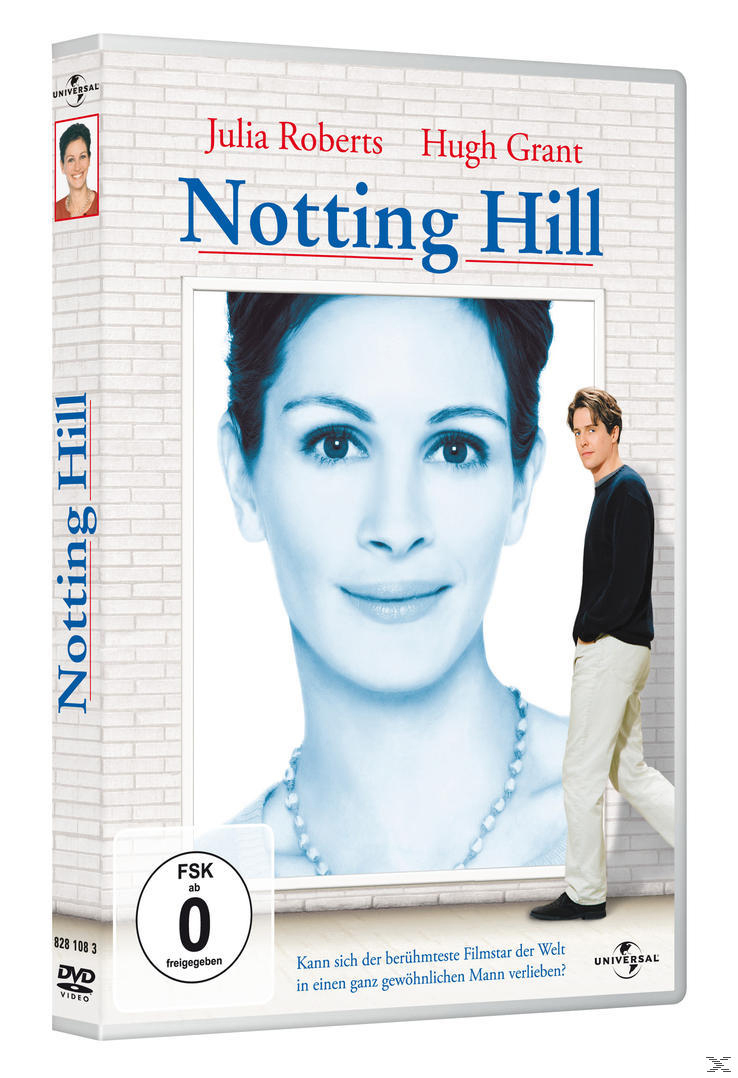 DVD-Cover von 'Notting Hill' mit Julia Roberts und Hugh Grant. Der Hintergrund ist eine Backsteinmauer.