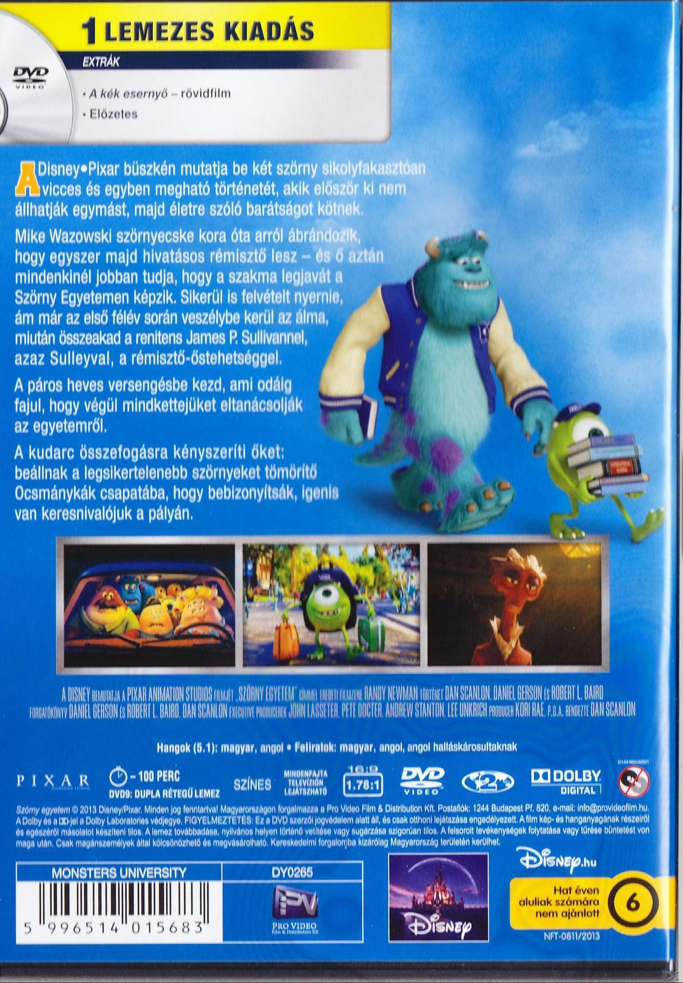 Monsters University DVD borító. Sully és Mike Wazowski látható. A háttérben egy osztályterem látható. Magyar szöveg.