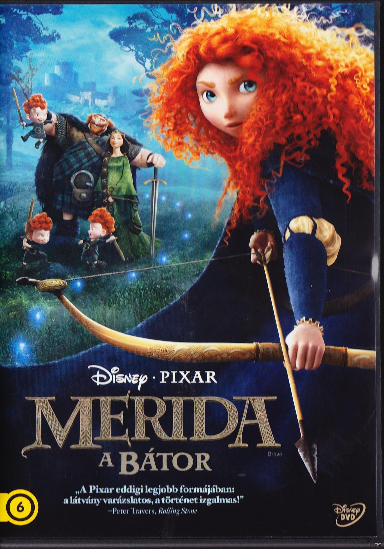 A Merida című film DVD borítója. Egy vörös hajú nő íjat és nyilat tart.