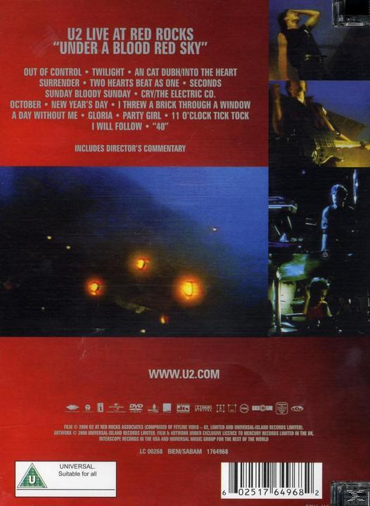 DVD-Rückseite. Bandmitglieder, Songtitel und roter Hintergrund mit Konzertaufnahmen.