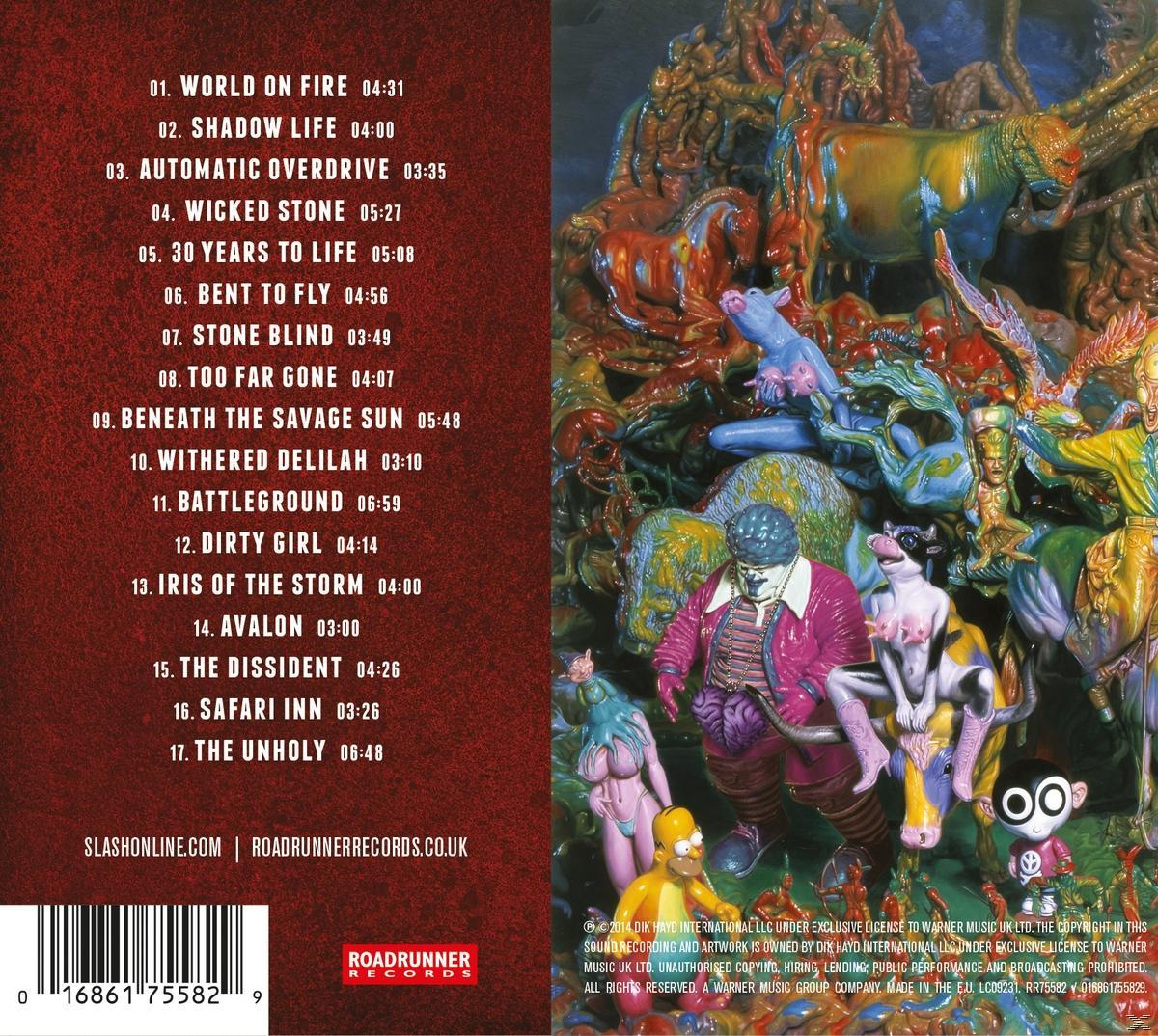 Albumcover, farbenfrohe surreale Kunst, mit mehreren Figuren, Tieren und Text auf rotem Hintergrund.