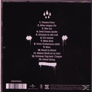 Album-Rückseite. Schwarzer Hintergrund. Die Titelliste befindet sich rechts. Graffiti-Kunst mit einem Logo unten.