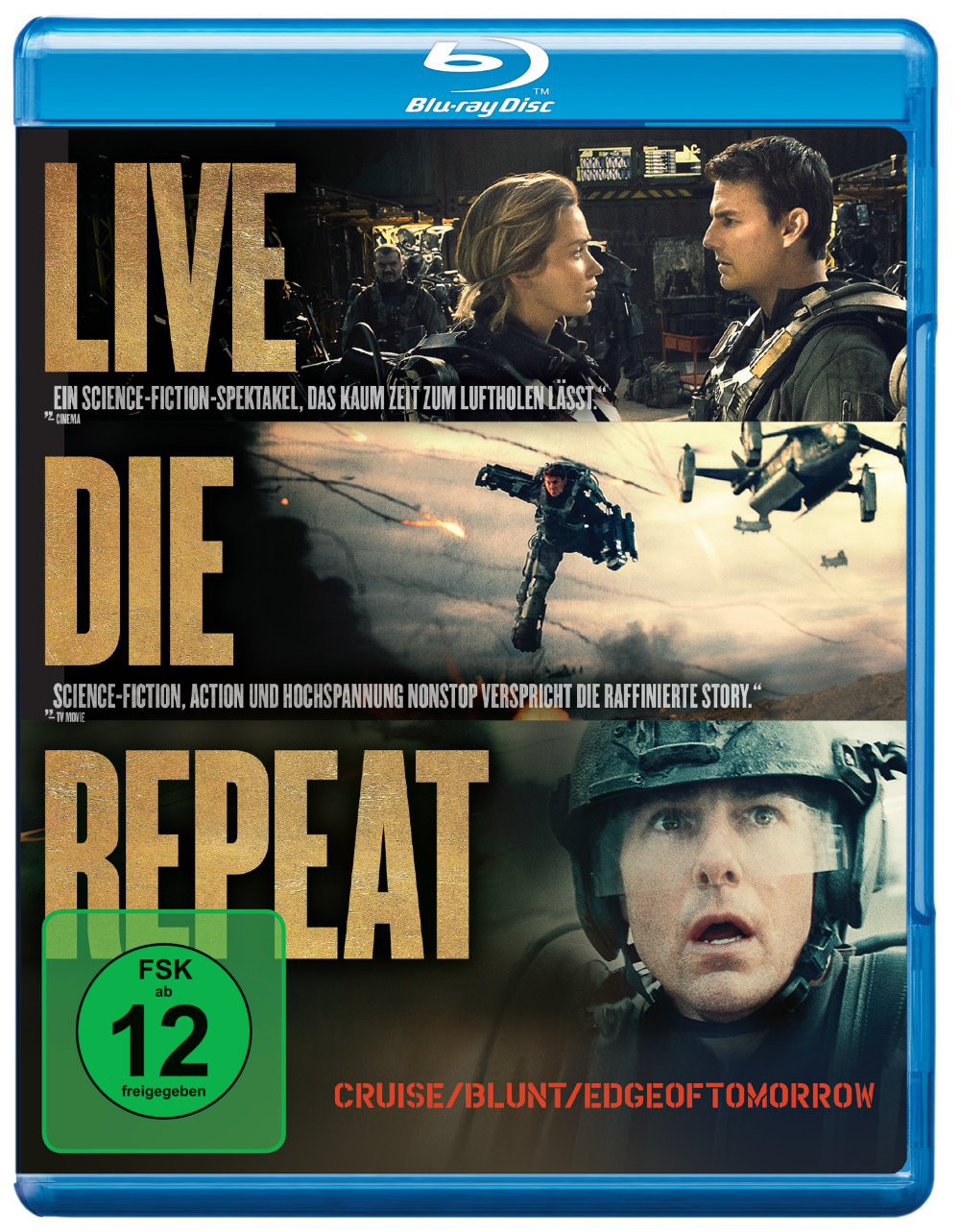 Blu-ray-Cover für 'Edge of Tomorrow'. Zeigt Tom Cruise und Emily Blunt. Text enthält 'Live Die Repeat' und Altersfreigabe.