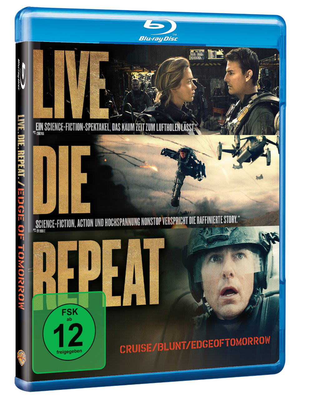 Blu-ray-Cover für 'Live Die Repeat: Edge of Tomorrow'. Enthält Schauspieler, Actionszenen und Text auf Deutsch mit einer Altersfreigabe von '12'.