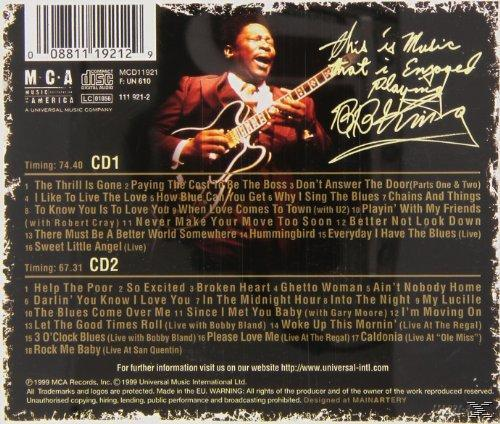 Rückseite der CD, B.B. King spielt Gitarre. Text: Dies ist Musik, die sich im Spiel engagiert. Unterschrift.