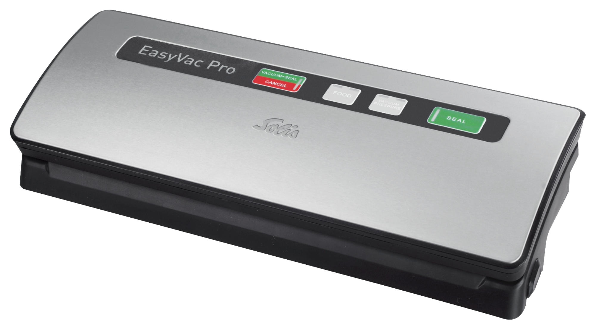Silver vacuum sealer machine with buttons and text.