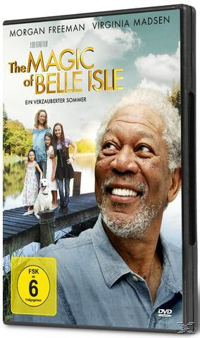 DVD-Cover: Morgan Freeman lächelt. Familie auf Steg, See im Hintergrund. Titel: The Magic of Belle Isle.