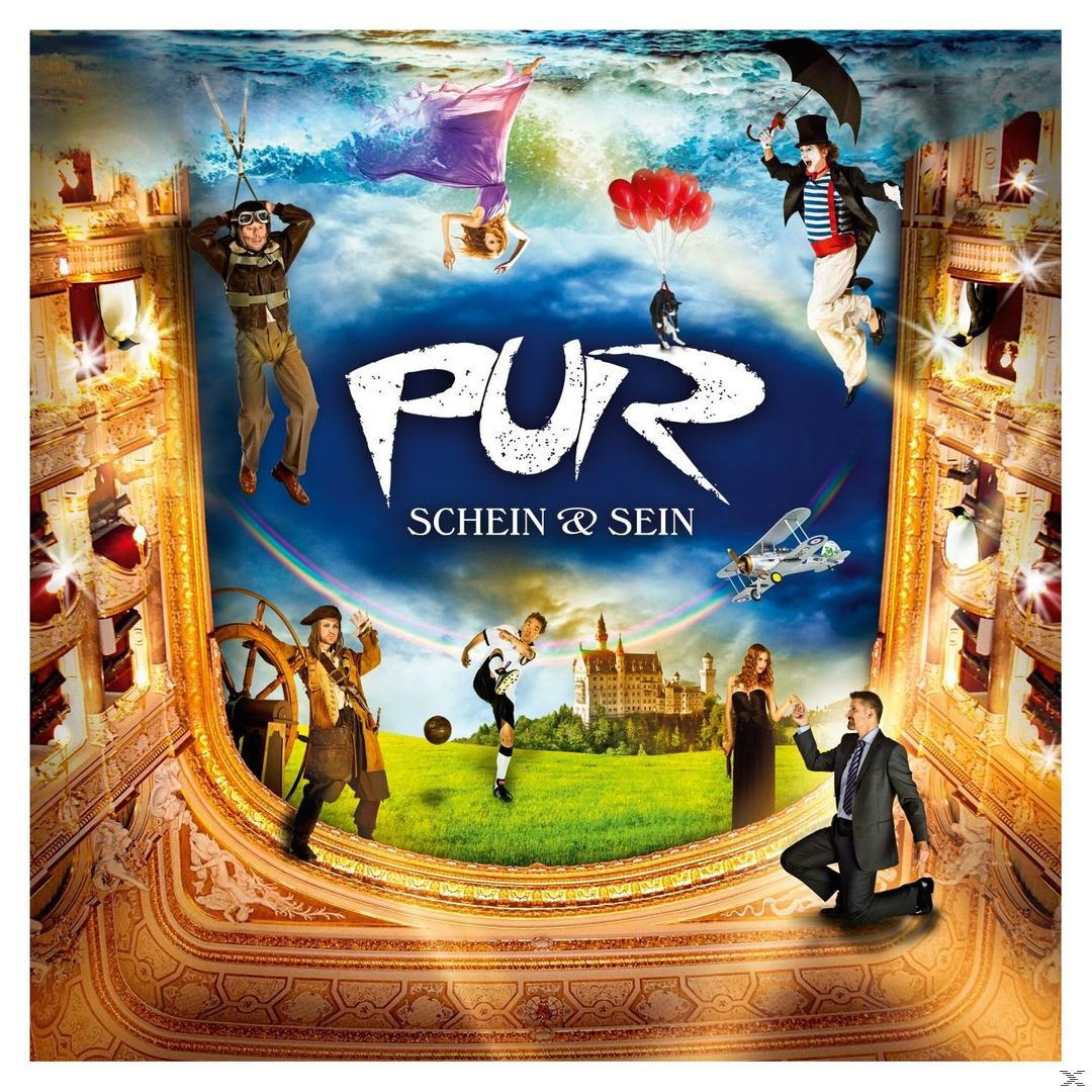 Albumcover: Bunte Theaterszene mit Figuren in der Luft und am Boden, mit dem Titel „Pur“.
