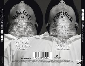 CD-Cover mit zwei Gesichtern und einer Titelliste. Die Gesichter sind mit deutschen Wörtern tätowiert.