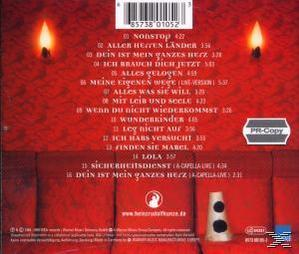 CD-Rückseite: Titelliste auf rotem Hintergrund mit zwei Kerzen und einem Sofa.