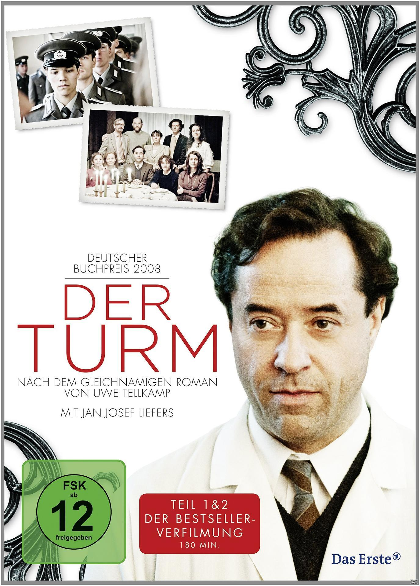 DVD-Cover, Mann im weißen Mantel, Fotos und der Titel 'Der Turm'.