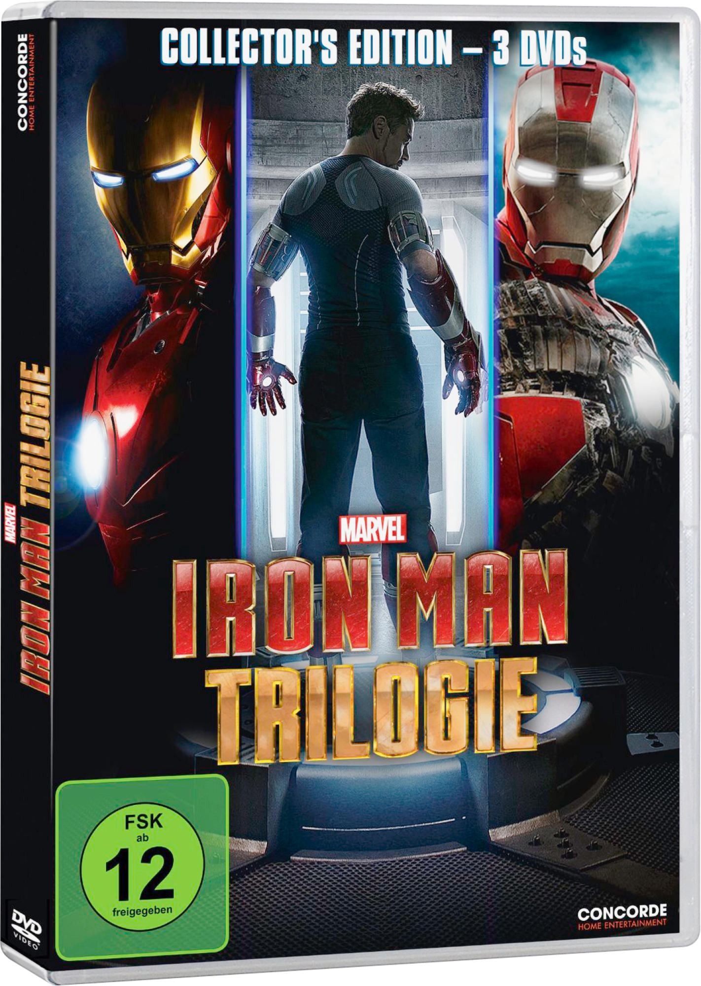 Iron Man Trilogie DVD-Box-Art mit Iron Man Anzügen und Schauspieler.