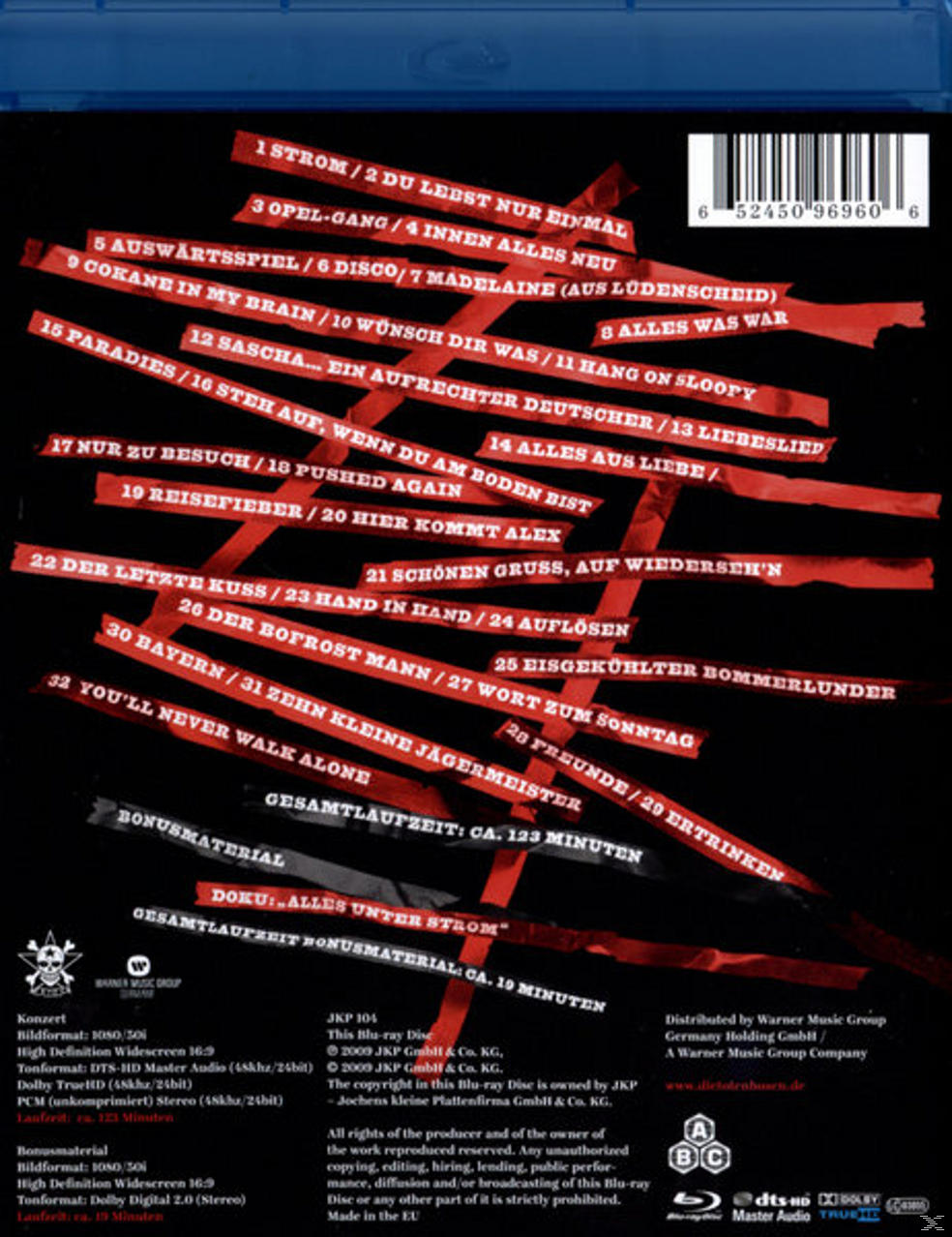 Blu-ray-Rückseite mit einer Liste von Songs und anderen Informationen in Rot.