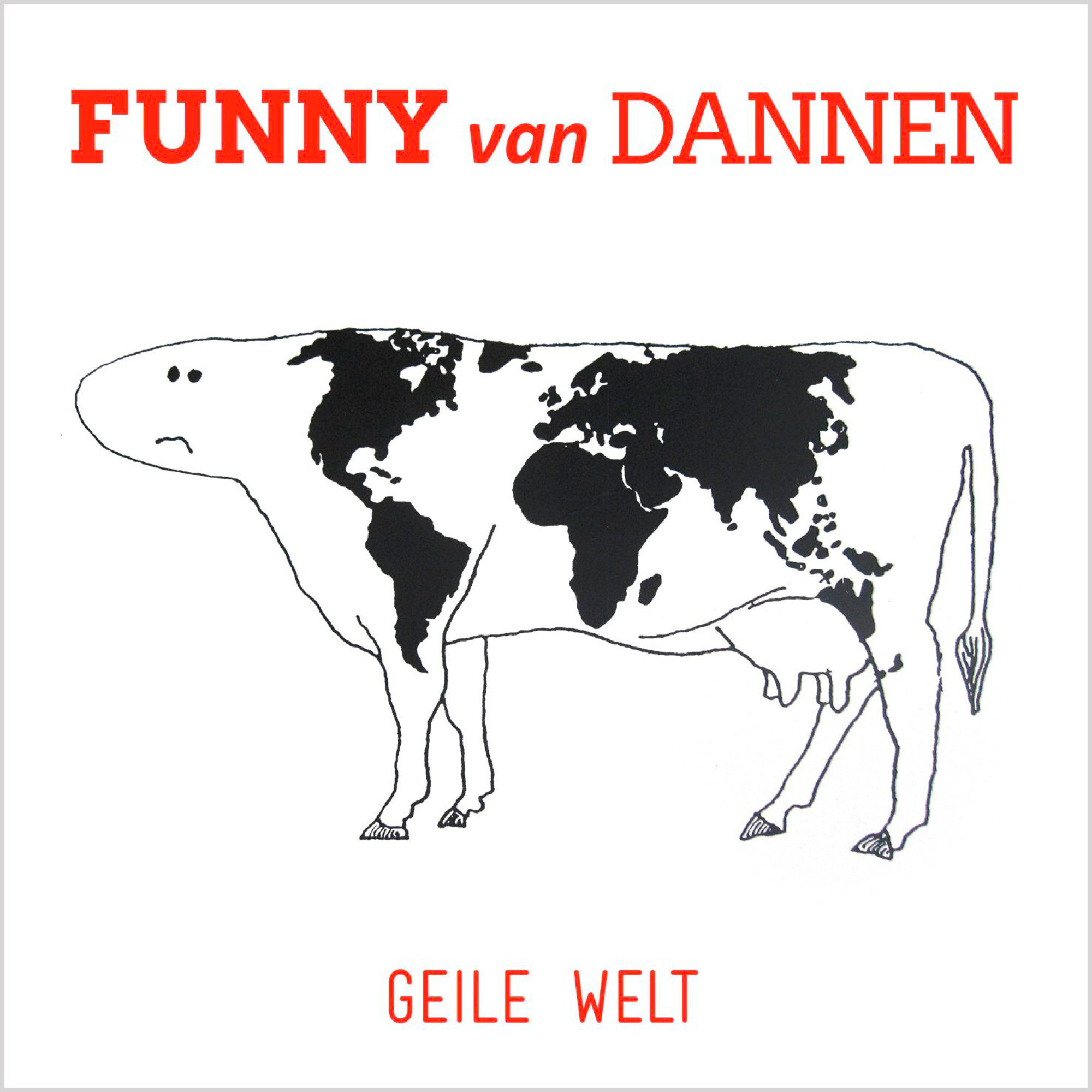 Albumcover mit Kuh-Weltkarten-Illustration und rotem Text. Die Kuh ist traurig.