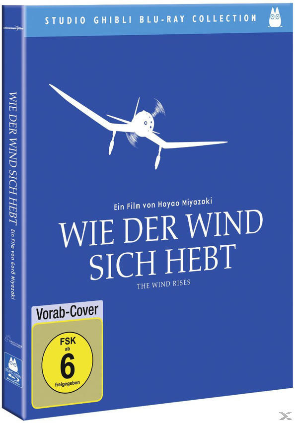 Blu-ray-Cover für den Film 'The Wind Rises'. Ein weißes Flugzeug und Titel auf blauem Hintergrund.
