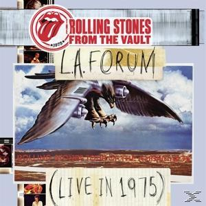 Rolling Stones Albumcover. Ein Vogel fliegt über dem LA Forum. Text: L.A. Forum (Live in 1975).