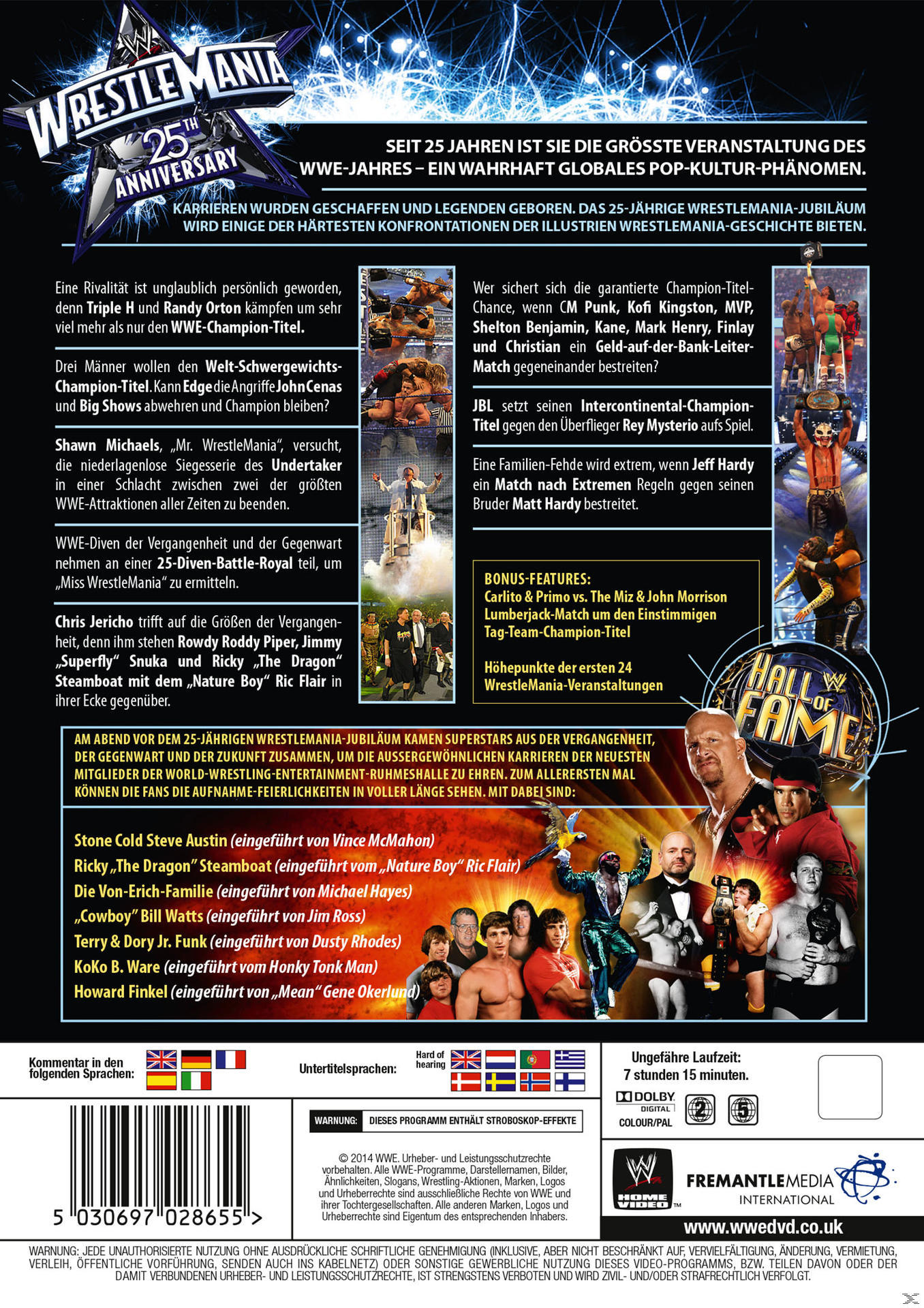 WrestleMania 25. Jubiläum DVD-Cover. Mit WWE-Stars, Match-Details und dem Hall of Fame-Logo.