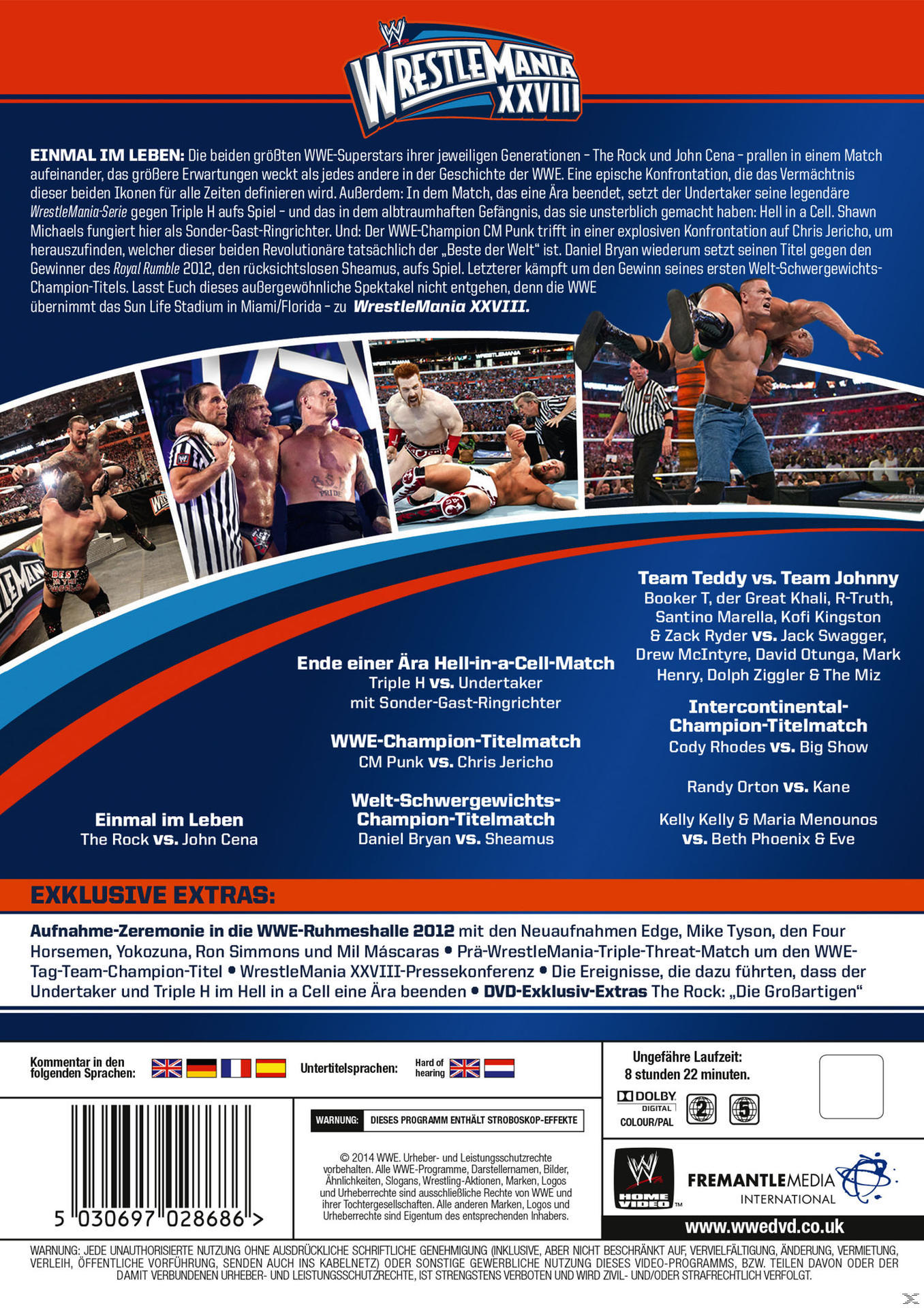 Rückseite einer DVD-Hülle mit Wrestling-Kampfszenen, Text auf Deutsch und Logos von WWE und anderen Marken.