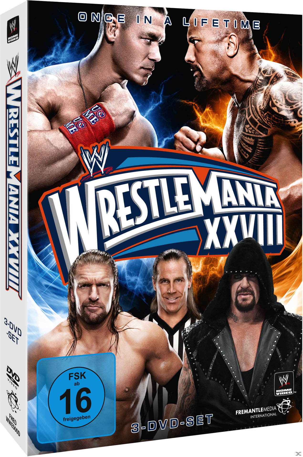 DVD-Cover: WWE WrestleMania XXVIII mit John Cena, The Rock und anderen.