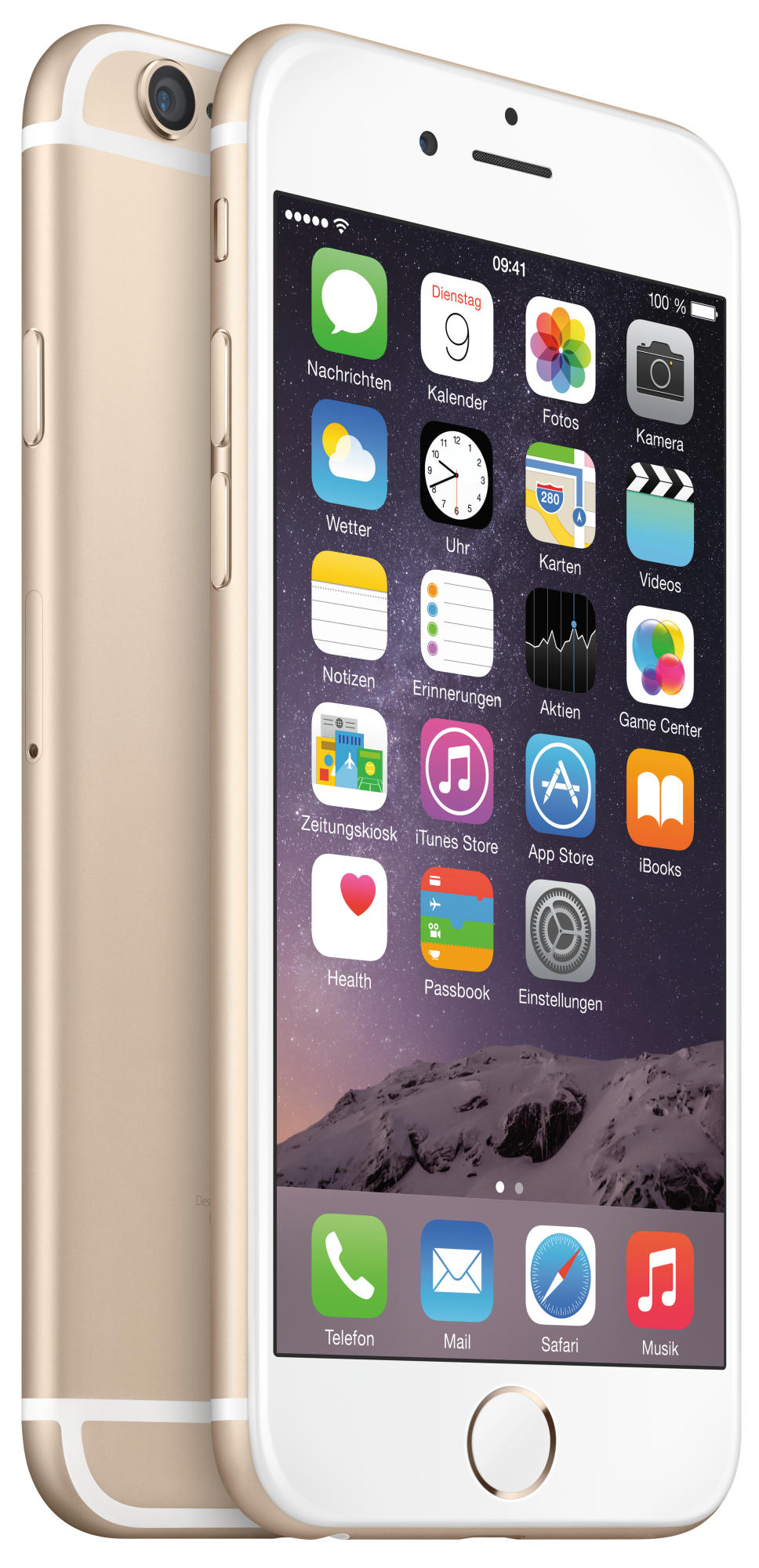 Goldenes iPhone mit Apps auf dem Bildschirm, auf weißem Hintergrund.