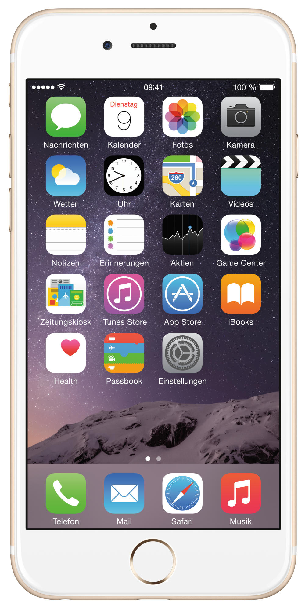 Weißes iPhone mit App-Symbolen. Goldrahmen, sichtbare Apps: Kalender, Fotos und Mail.