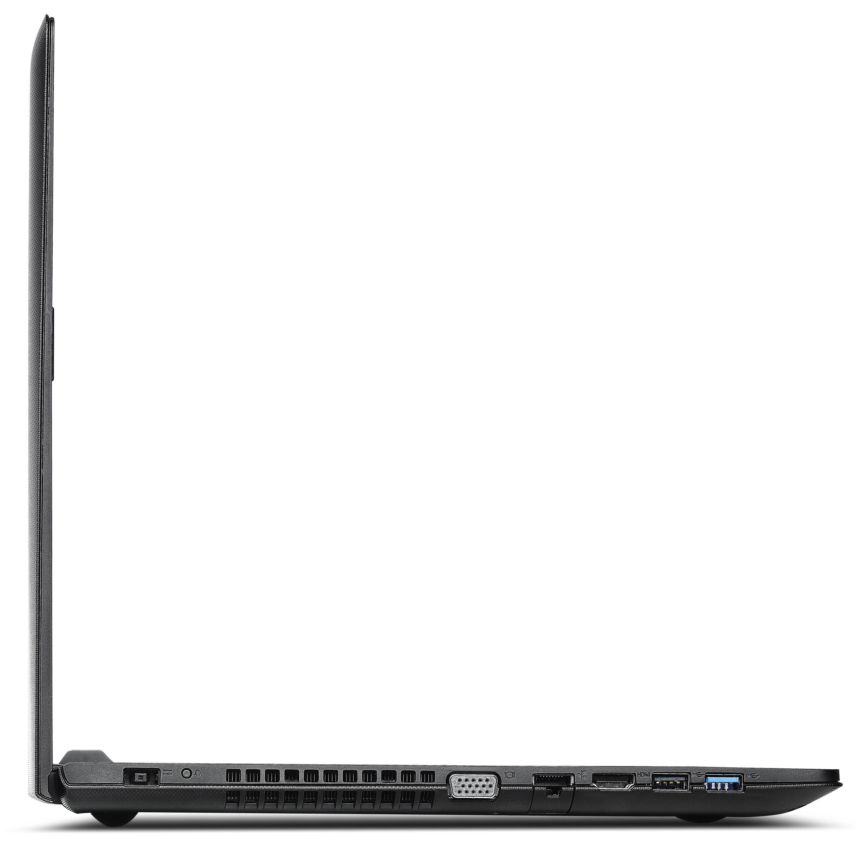 Seitenansicht des Laptops auf Weiß. Anschlüsse sichtbar. Schwarz-Grau-Farbschema.