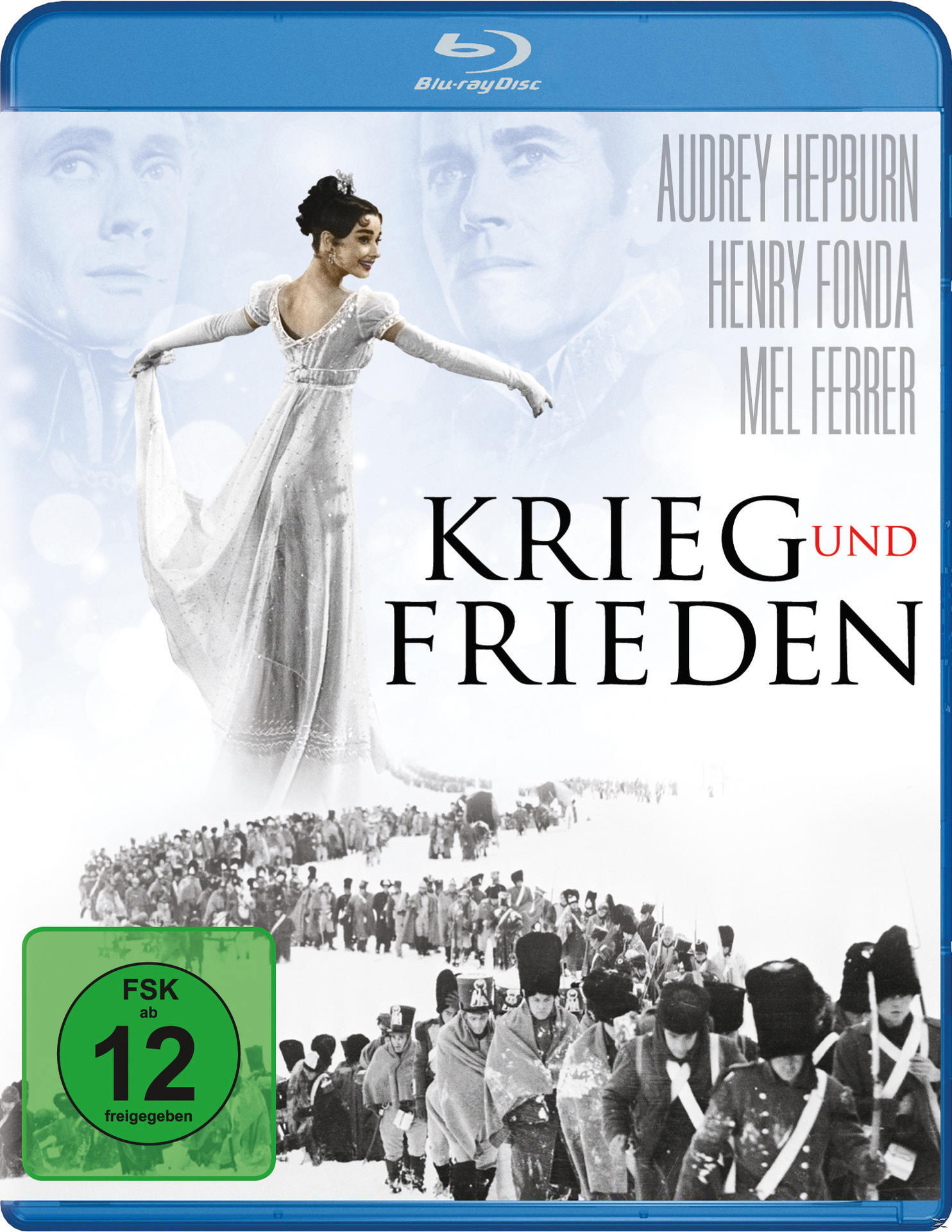 DVD-Cover mit Audrey Hepburn und Henry Fonda. Titel: „Krieg und Frieden“. Schwarz-weiße Menge.