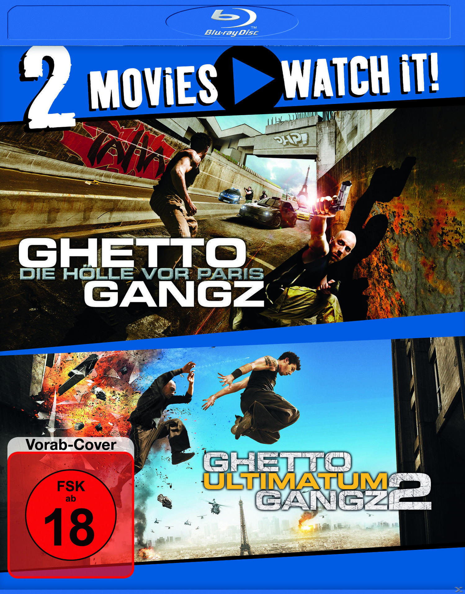 Filmcover mit zwei Filmen. Zwei Personen in Aktion, blauer Hintergrund und Titel auf Deutsch sowie eine rote Bewertung.