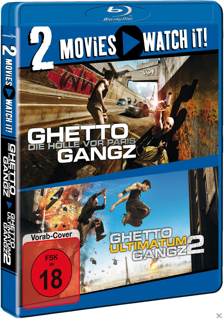 Blaues DVD-Cover. Ghetto-Filmplakate. Zwei Männer mit Waffen. Der Filmtitel erscheint.