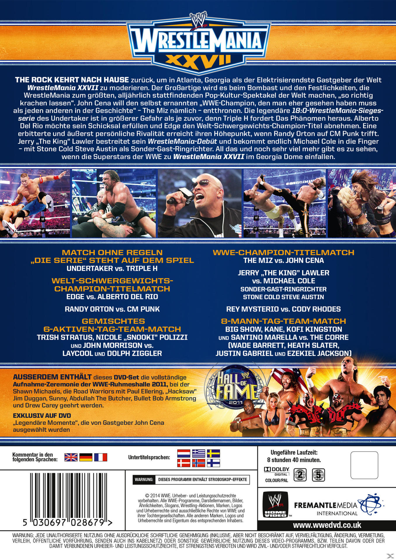 Ein WWE WrestleMania XXVII DVD-Cover mit Bildern von Wrestlern und Veranstaltungsdetails in einem farbenfrohen Design.
