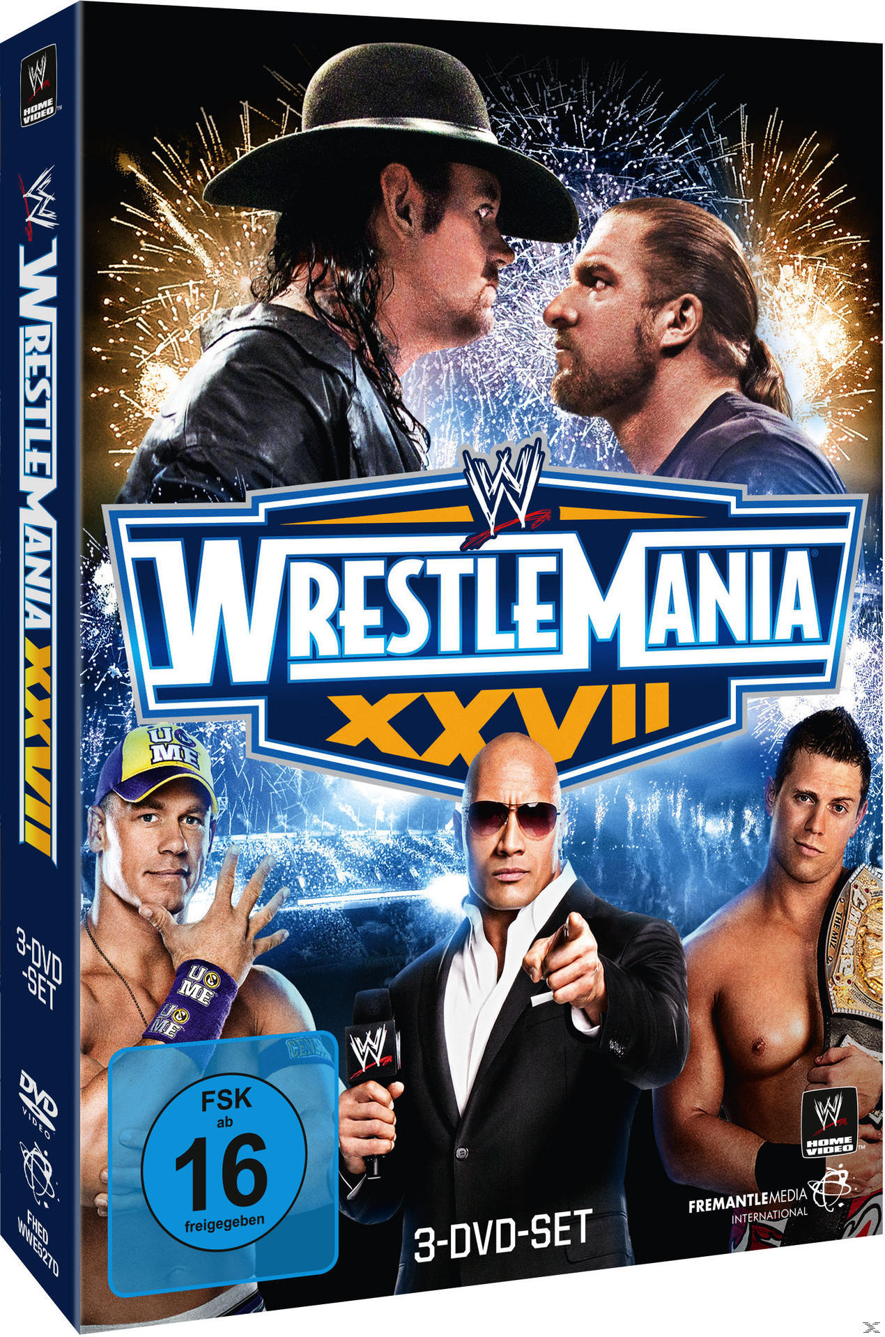 DVD-Cover von WWE WrestleMania XXVII, Wrestler und das WWE-Logo auf schwarzem Hintergrund.