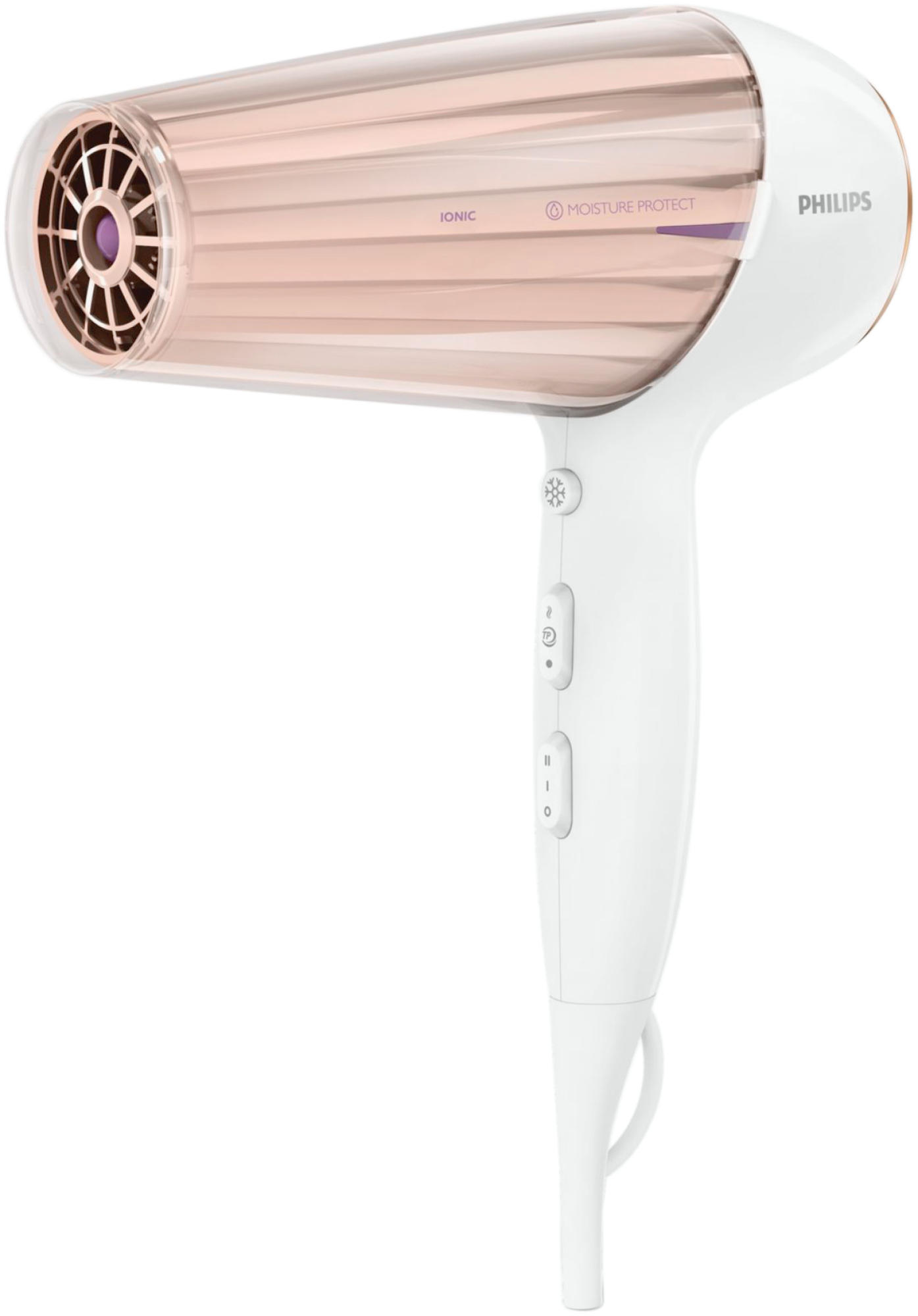 Weißer und roségoldener Philips-Haartrockner, schräge Ansicht. Bedienelemente am Griff, Lufteinlass und Düsendetail.