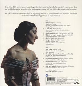 Album-Rückseite mit Maria Callas in einem Kleid, einer Titelliste und Text über sie.