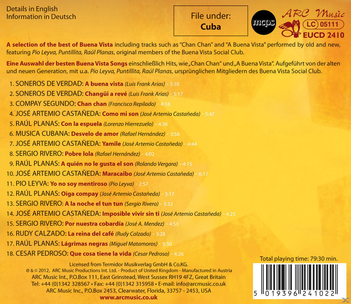 Albumcover mit Titelliste, Text auf Spanisch und Informationen über Buena Vista Social Club.