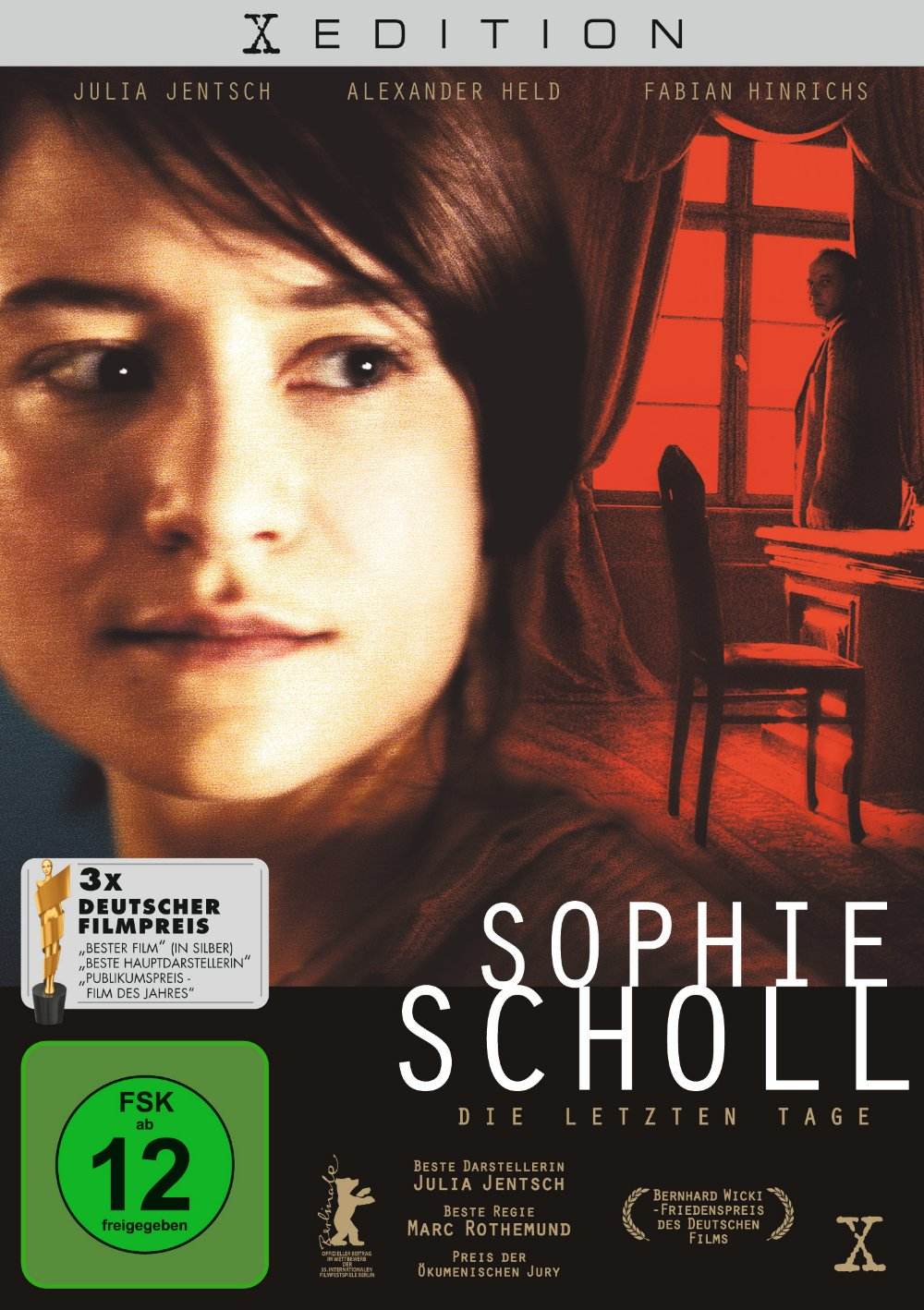 Filmplakat: Junge Frau im Vordergrund, Titel 'Sophie Scholl' in Rot, historisches Setting.