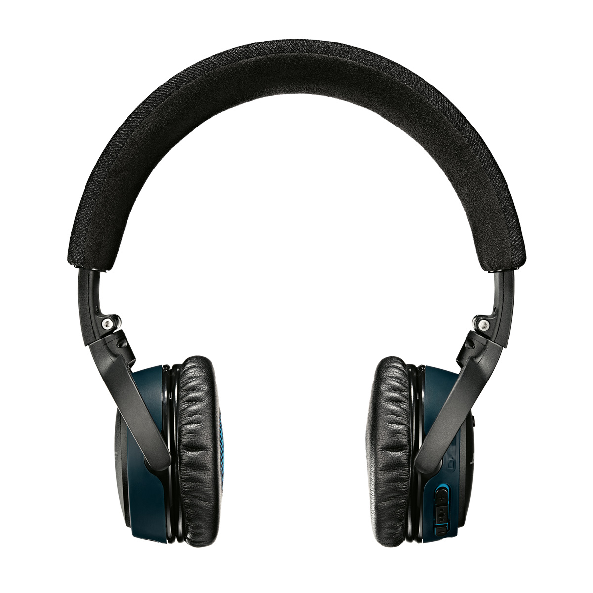 Over-Ear-Kopfhörer. Schwarze Polster und Kopfband. Blaues und schwarzes Design.