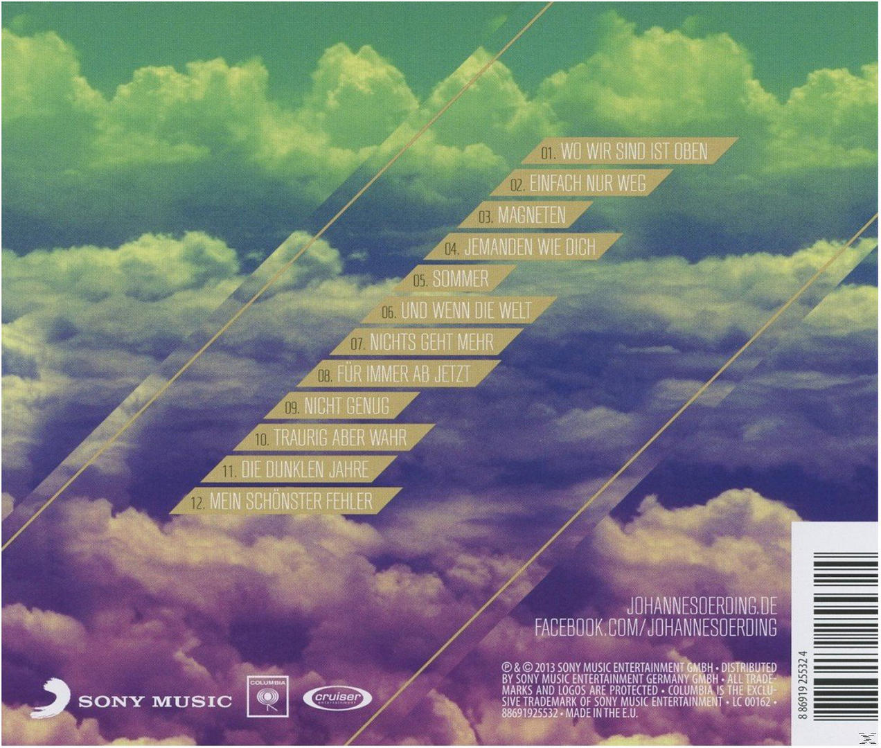 Albumcover mit buntem Himmel und Text auf Deutsch. Enthält eine Liste mit Songtiteln.