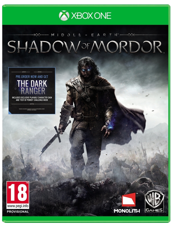 Játék borító: Férfi karddal páncélban, orkokkal körülvéve, 'Shadow of Mordor' szöveggel.