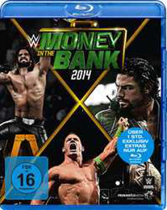 WWE Money in the Bank 2014 Blu-ray-Cover. Wrestler auf dem Cover. Blauer Hintergrund.