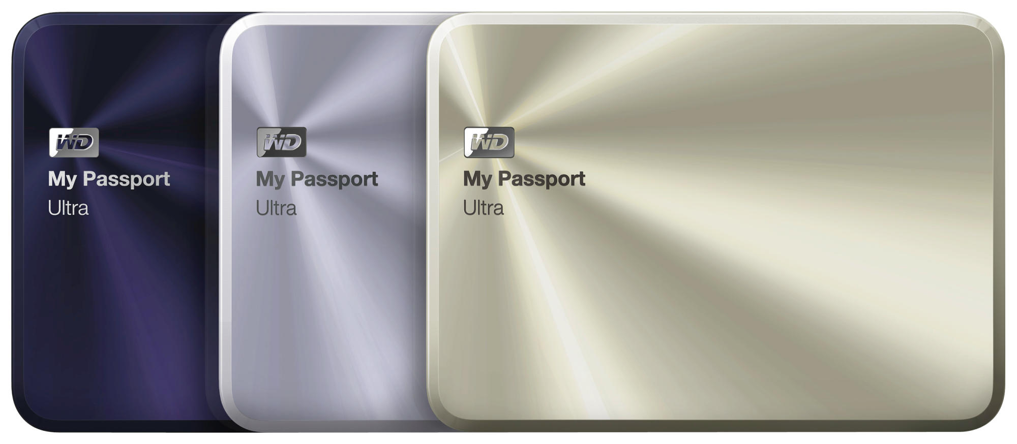 Tres discos duros externos, My Passport Ultra, en morado, plateado y dorado. Fondo blanco.