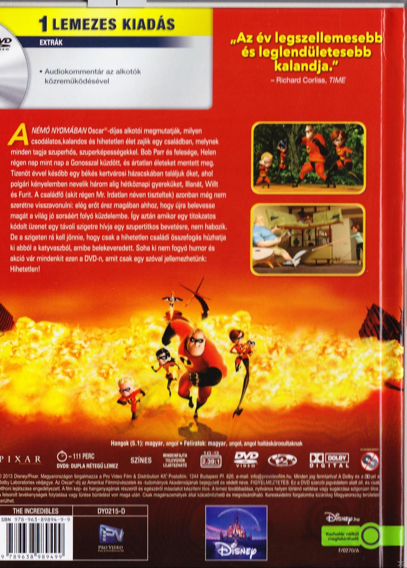 DVD hátlap: A Hihetetlen család, karakterek akcióban, szöveg.