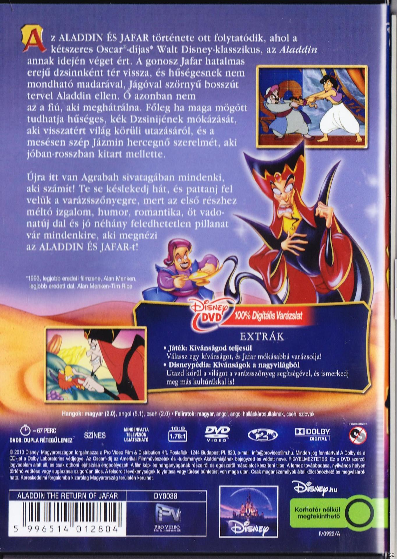 DVD borító: Aladdin és Jafar jobbra, szöveggel és illusztrációkkal.
