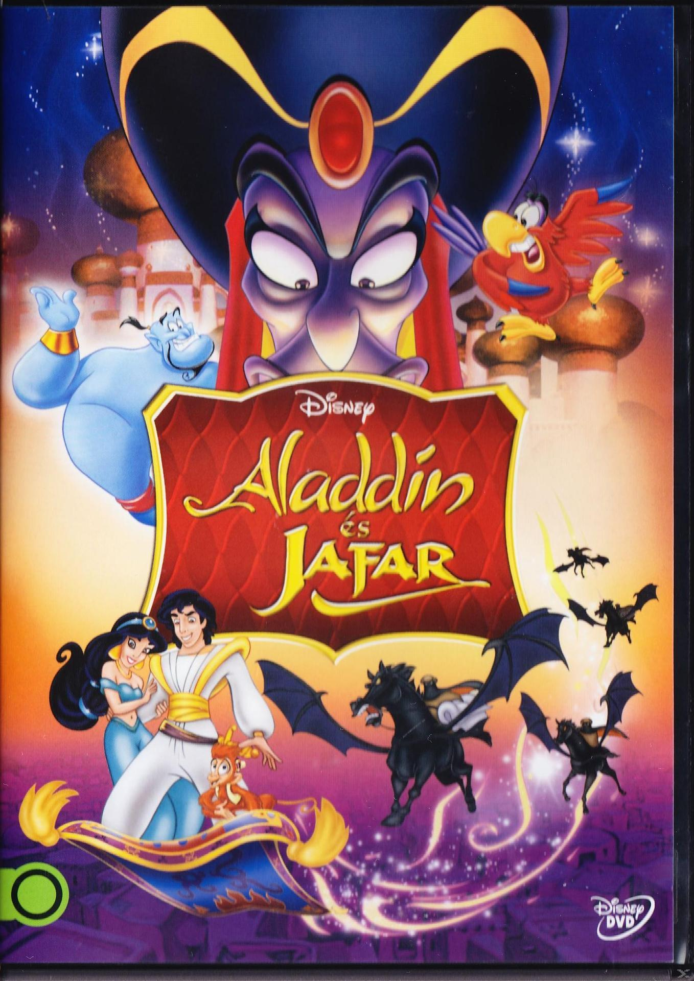 Aladdin és Jafar DVD borítója. Aladdin, Jázmin, Dzsini, Jafar, Jago és denevérek láthatók.