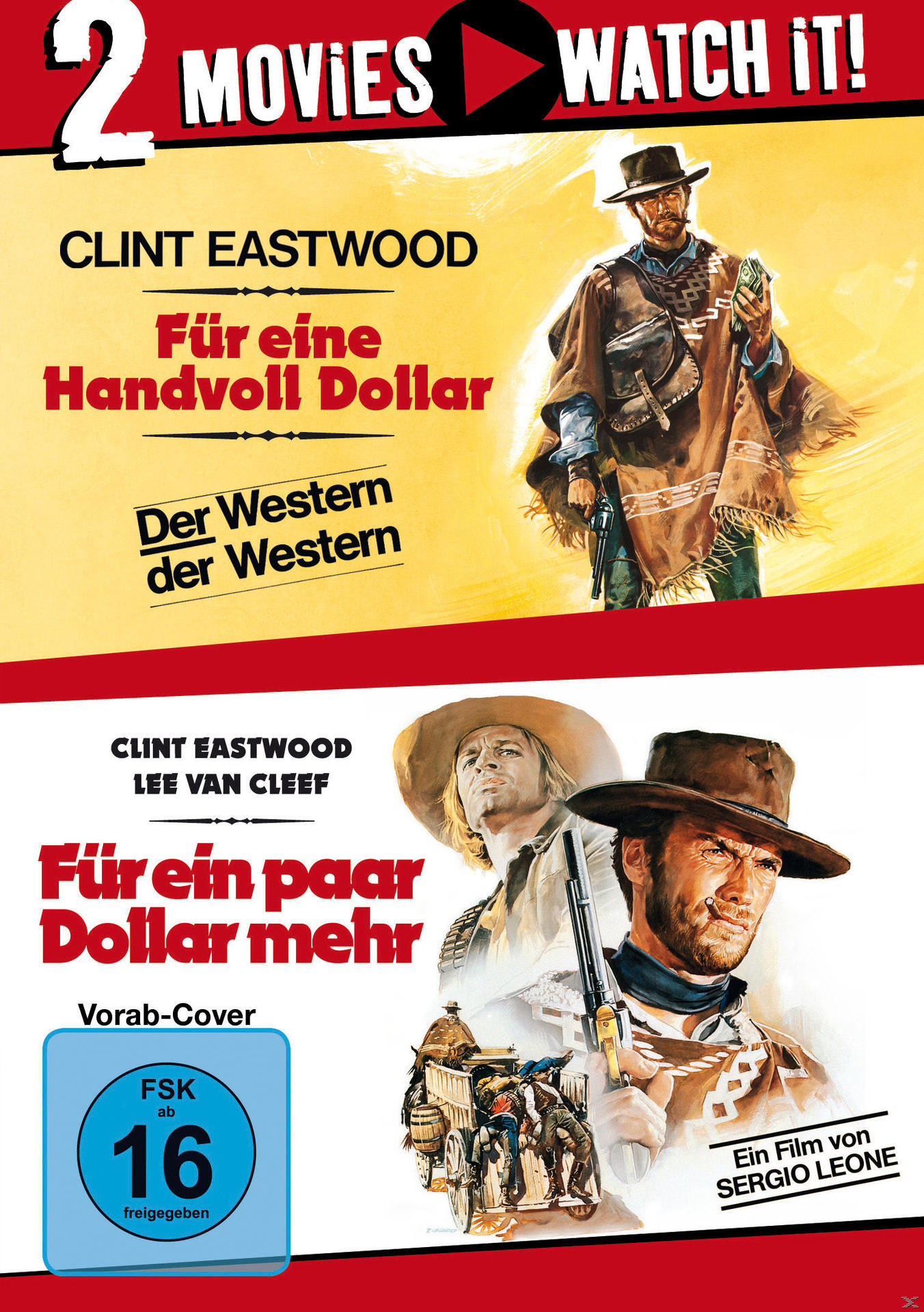 Filmposter mit zwei Clint Eastwood-Filmen, roter und gelber Text.