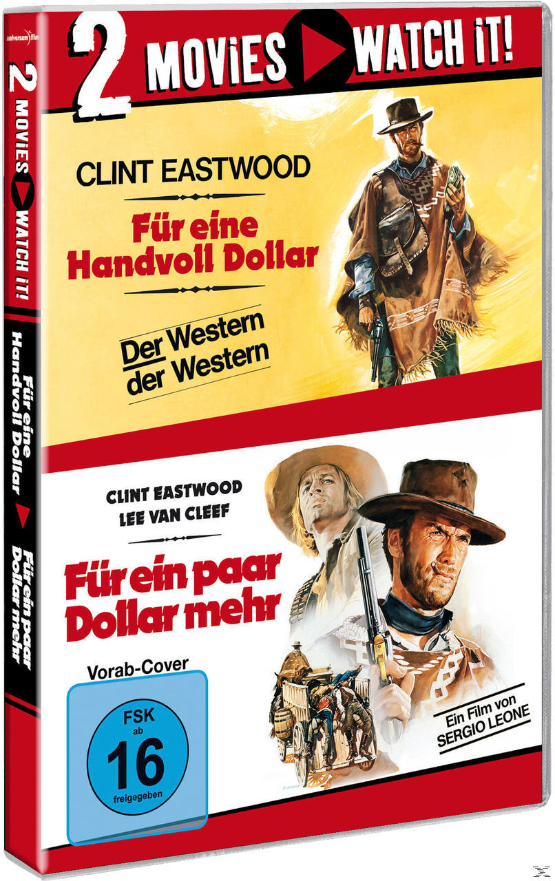 DVD-Cover mit zwei Filmen, 'Für eine Handvoll Dollar' und 'Für ein paar Dollar mehr'. Clint Eastwood zu sehen.