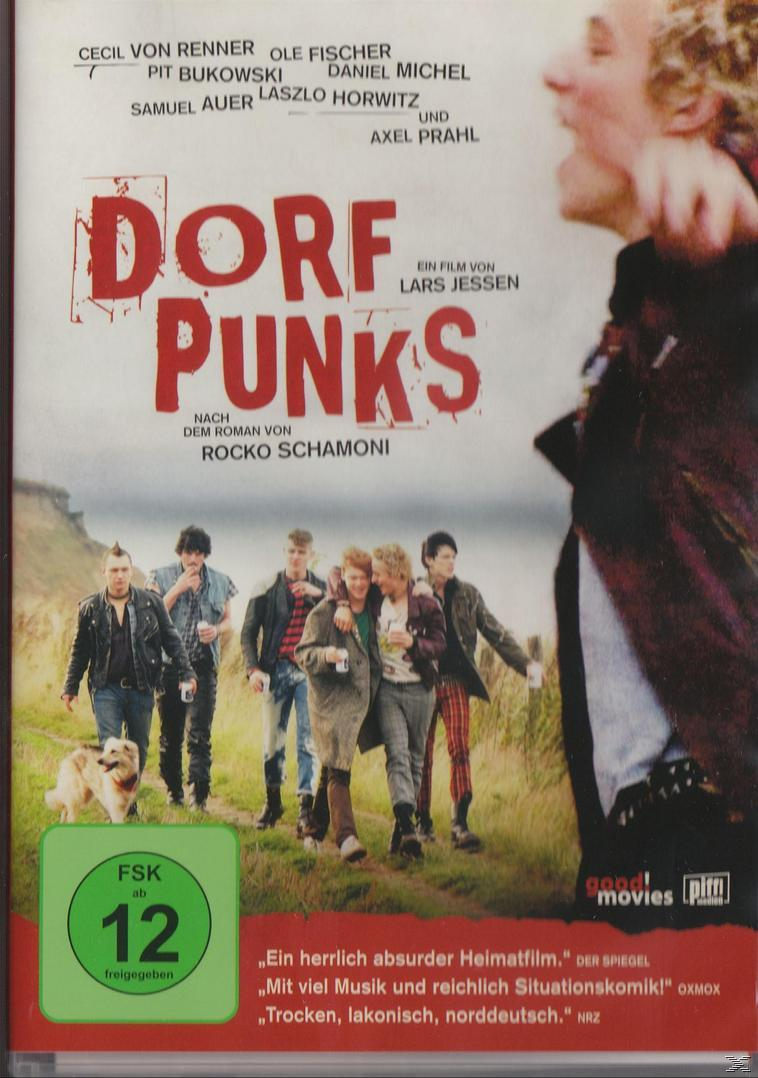 Filmplakat: Eine Gruppe von Punks auf einem Hügel. Der Titel lautet Dorf Punks mit Schauspielernamen.