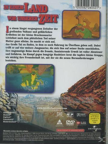 DVD-Cover von Land Before Time. Dinosaurier in einer Landschaft mit Text und Bildern. Braun und grün.