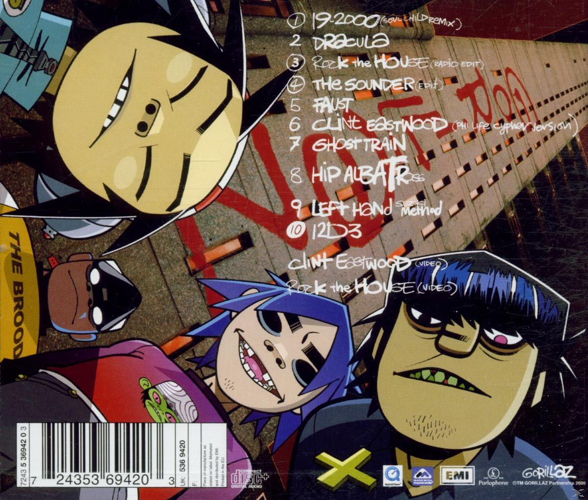 A Gorillaz együttes tagjainak album borítója. Rajzfilmfigurák egy városkép háttérrel.