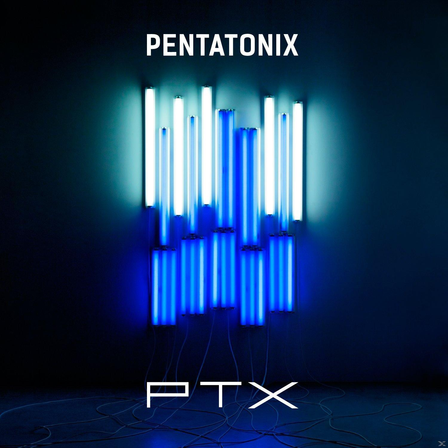 Pentatonix-Albumcover. Blaue Neonlichter bilden Formen vor dunklem Hintergrund.